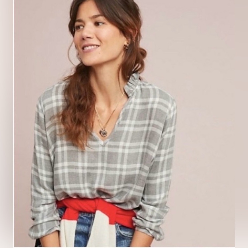 Anthropologie Cloth & Stone Metallic Plaid Flannel Top